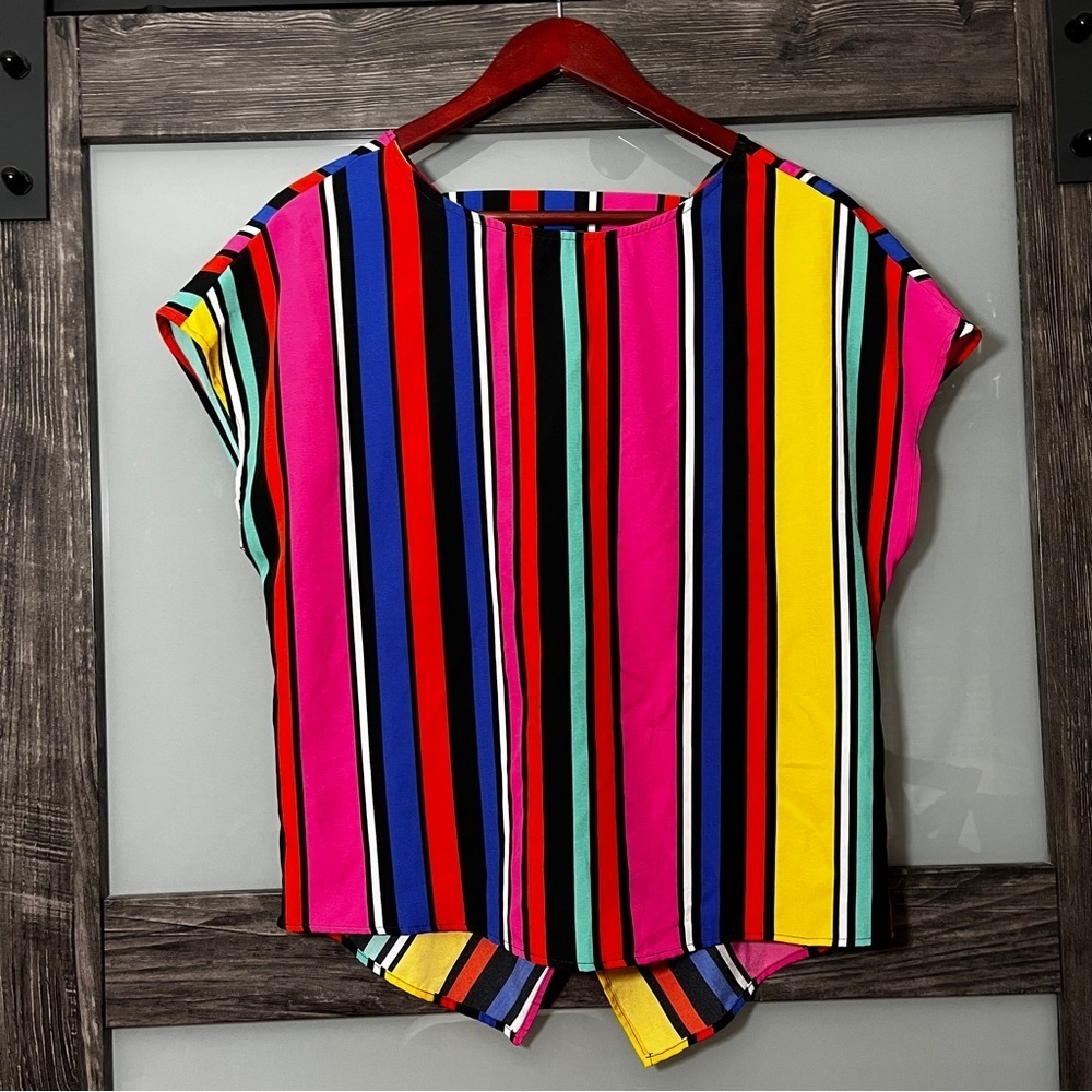 Emery Rose Color Block Striped Women's Top Size L Pop Art Tie Back Retro Bold